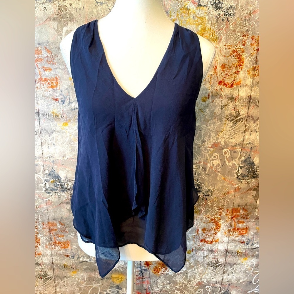 BABATON Aritzia 100% Silk Blue Dressy Ruffled Blouse. Size XXS